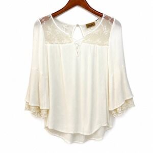 Wrangler Womens Cream Lace Yoke Bell Sleeve Boho Peasant Blouse Top Ivory